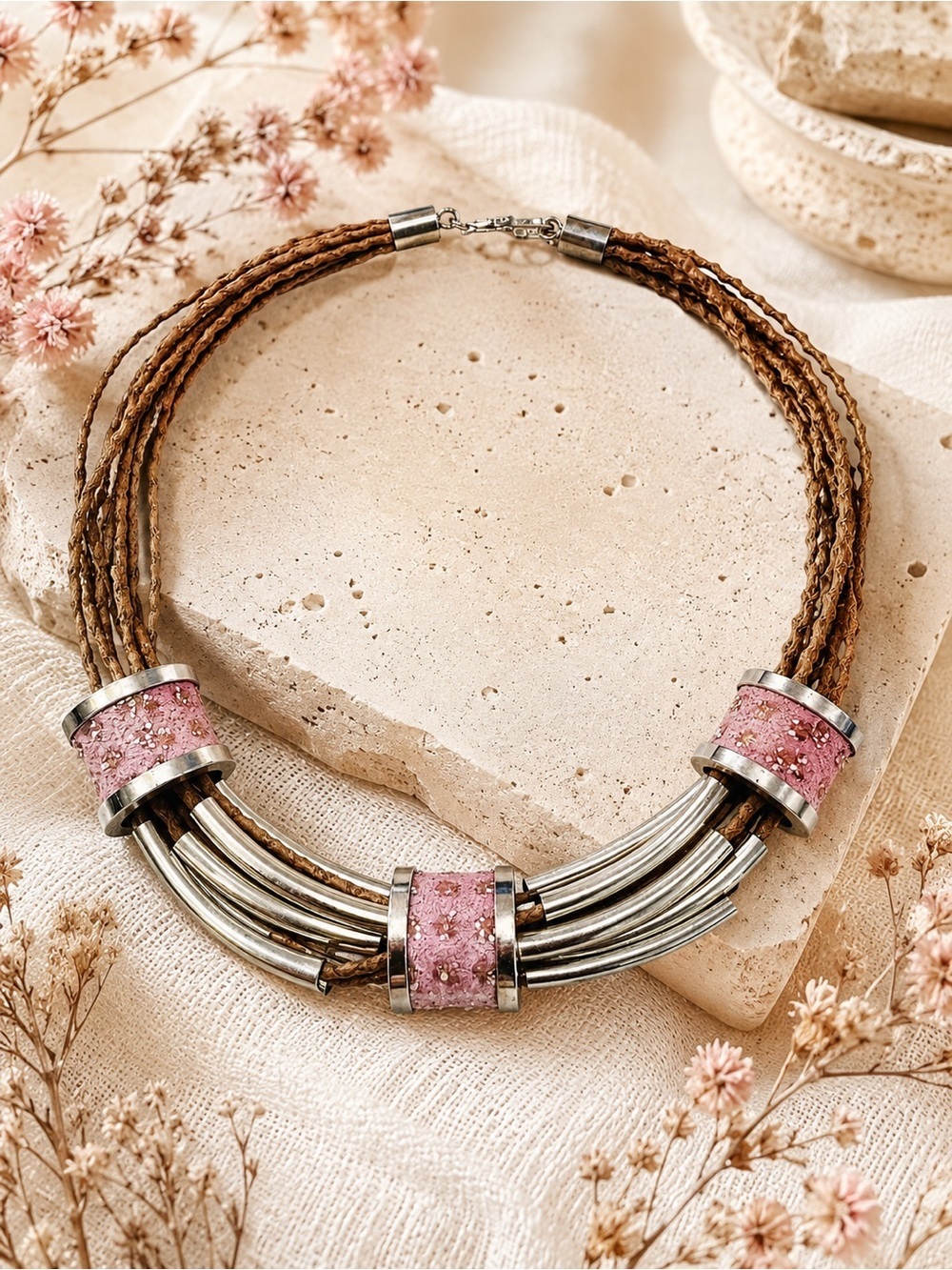 Wilma Spagli Pink Multi Strand Leather Cord Statement Necklace Silver Tone Italy